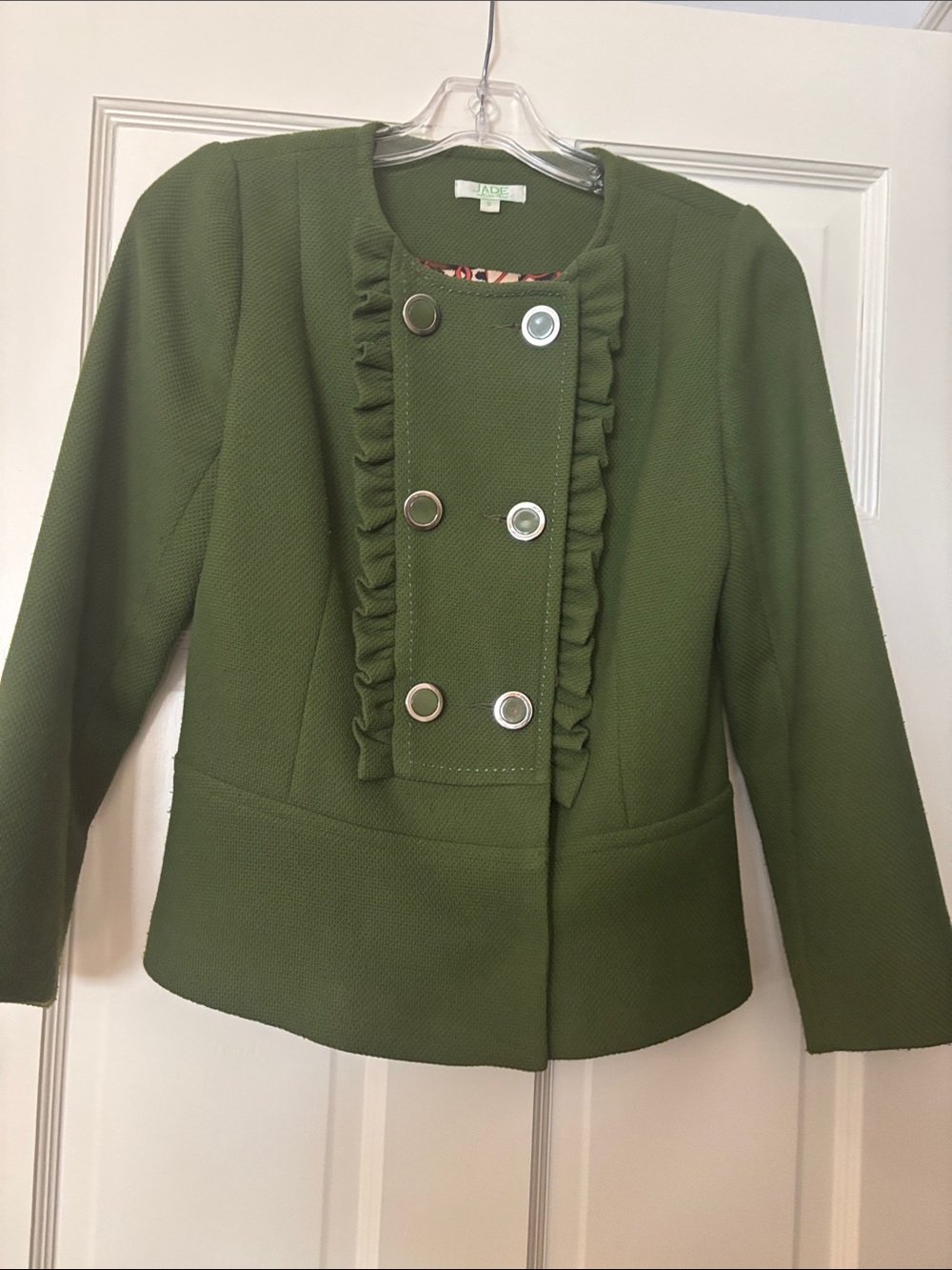 Jade Olive Green Ruffle-Trim Double-Breasted Blazer